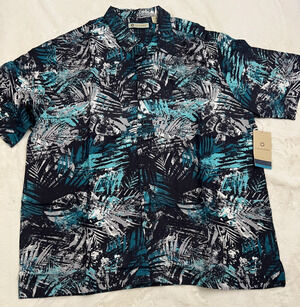 Havanera Mens XXL Hawaiian Shirt Blue Black Tropical Linen Rayon Camp Button NWT